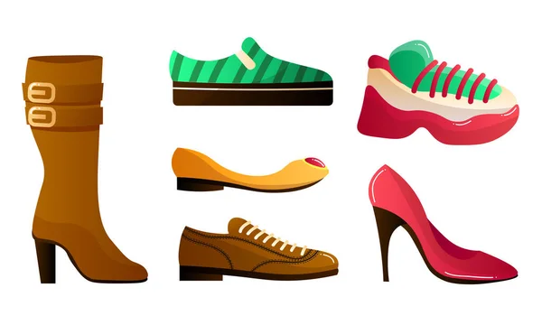 Set di diversi tipi di scarpe colorate. Illustrazione vettoriale in stile fumetto piatto . — Vettoriale Stock