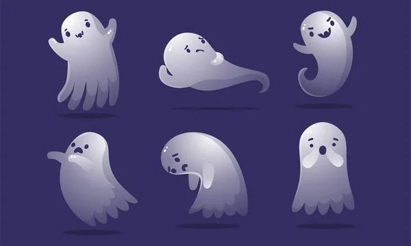 Set of cute colorful ghosts with different facial emotions. Vector illustration in flat cartoon style. — Stock Vector