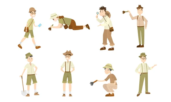 Conjunto de diferentes personajes arqueólogos de dibujos animados en el trabajo. Ilustración vectorial en estilo plano de dibujos animados . — Vector de stock
