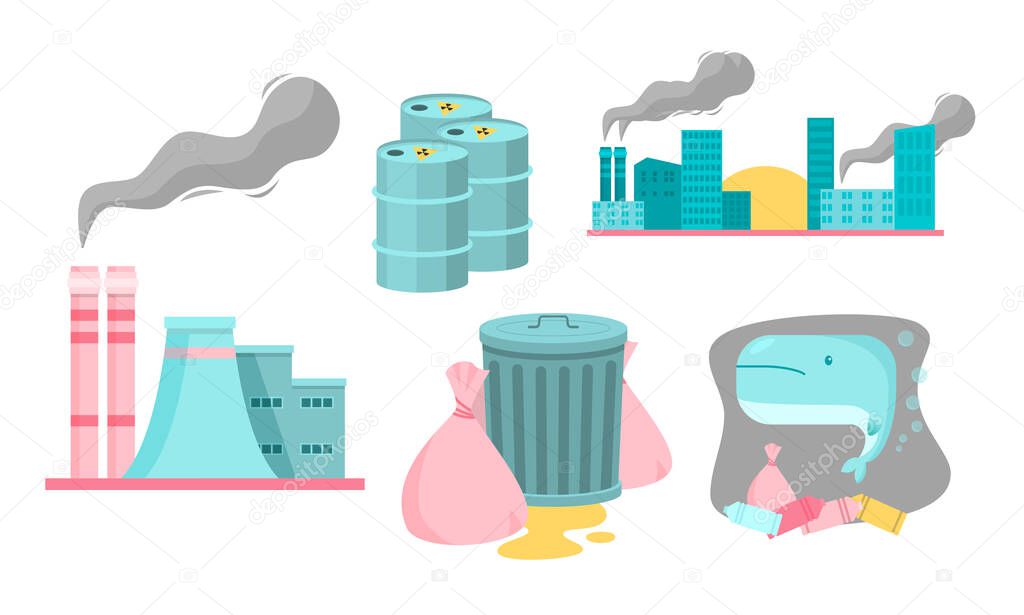 Set of various types of industrial pollution.Vector illustration in flat cartoon style.