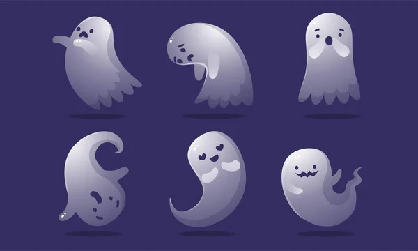 Set of cute colorful ghosts with different facial emotions. Vector illustration in flat cartoon style. — Stock Vector