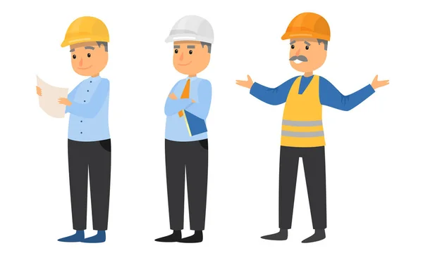 Zestaw budowniczych w kaskach ochronnych podczas ilustracji wektora pracy — Wektor stockowy