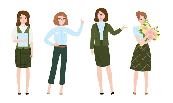 Усміхнені жінки менеджери та адміністратори на роботі Векторні ілюстрації — стоковий вектор