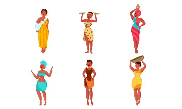 Wanita kulit hitam Afrika dalam gambar vektor pakaian terang tradisional nasional - Stok Vektor