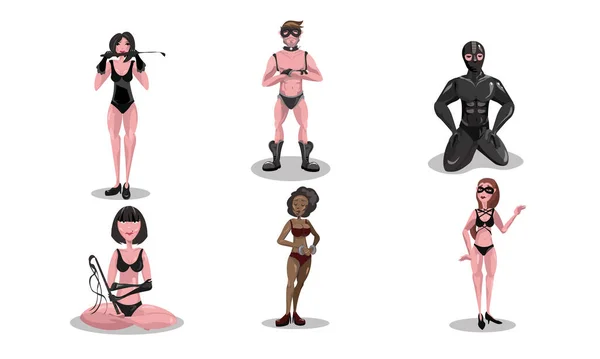 Personas en trajes de cuero practicando bdsm sexo vector ilustración — Archivo Imágenes Vectoriales