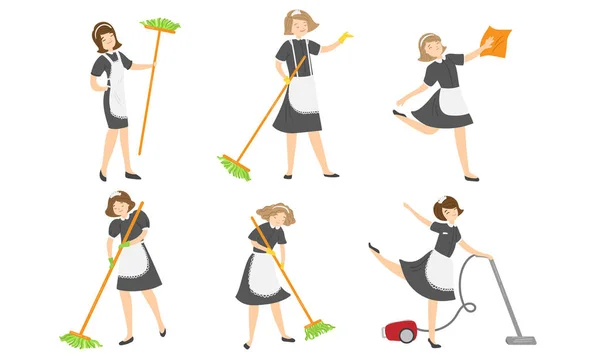 Set von jungen Dienstmädchen, die Hausarbeit als Vektorillustration herstellen — Stockvektor