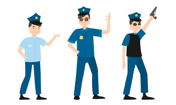身着传统蓝色制服、带有枪托图解的男子警察 — 图库矢量图片