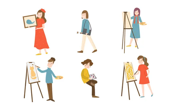 Young girls and boys painters doing their hobby vector illustration — 스톡 벡터