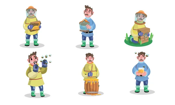 Men beekeepers in special work clothing during job vector illustration — 스톡 벡터