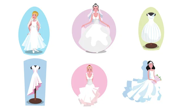 Set of beautiful stylish white long bride dresses vector illustration — 스톡 벡터