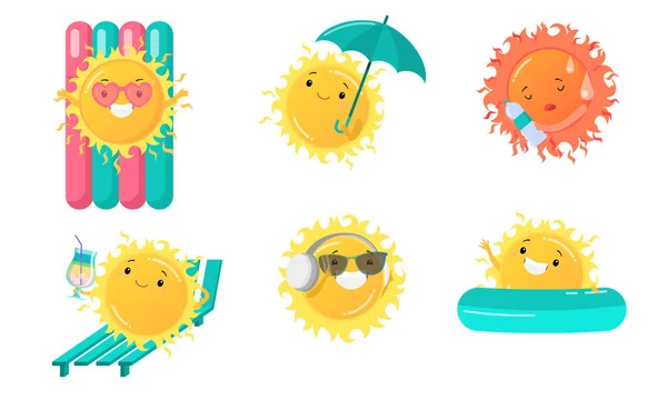 Yaz etkinlikleri vektör çizimi yapan sevimli güneş karakterleri — Stok Vektör