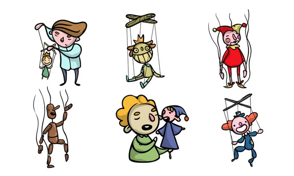 Puppen, Marionetten, junge Jungen Puppenspieler Vektor Illustration — Stockvektor