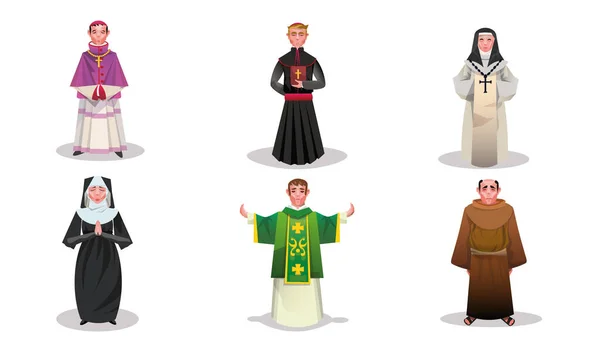 Ensemble de prêtres, moines et moniales catholiques illustrations vectorielles — Image vectorielle