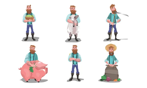 Men farmers with farm animals, produce and tools vector illustration — Stock Vector
