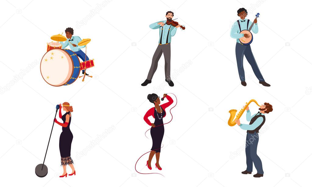 Set of jazz band musicians and singers vector illustration