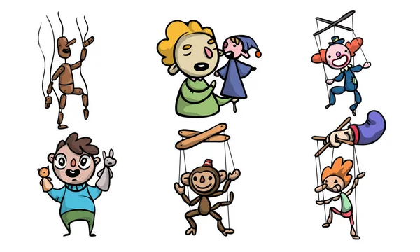 Ensemble de marionnettes, marionnettes en bois et maîtres de marionnettes illustration vectorielle — Image vectorielle