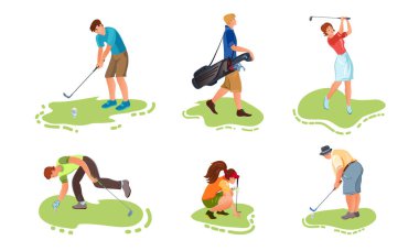 Çimlerin üzerinde golf oynayan bir grup farklı genç insan. Çizgi film tarzında vektör illüstrasyonu