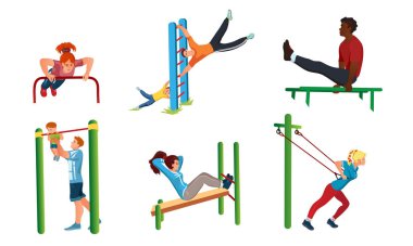 Sokakta spor yapan bir grup insan. Çizgi film tarzında vektör illüstrasyonu