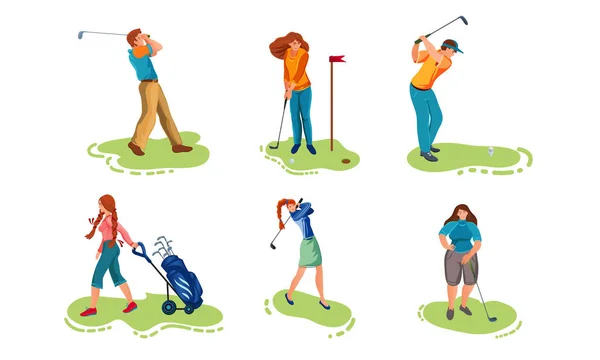 Conjunto de jovens diferentes jogando golfe na grama. Ilustração vetorial em estilo de desenho animado plano —  Vetores de Stock