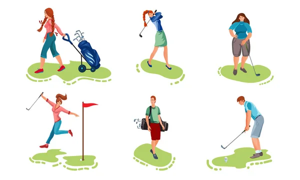 Zestaw różnych ludzi grających w golfa na trawie. Ilustracja wektora w stylu płaskiej kreskówki — Wektor stockowy