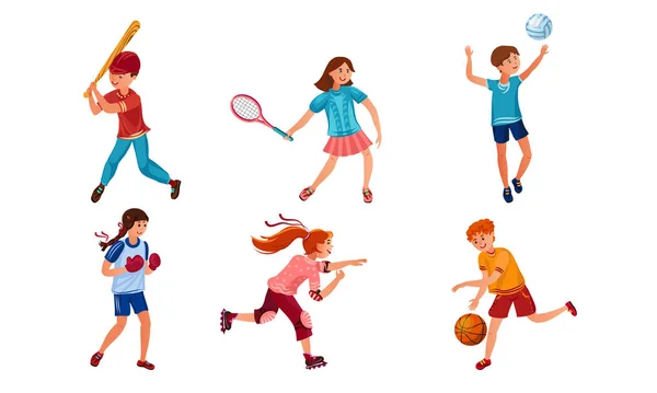 Tinédzserek sokféle sporttevékenységet végeznek. Vektor illusztráció lapos rajzfilm stílusban — Stock Vector
