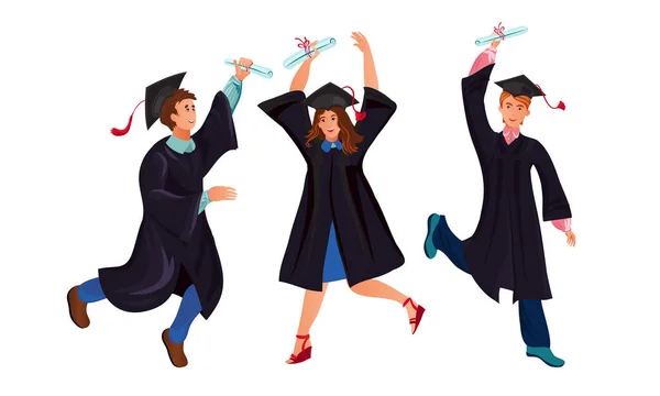 Set of various graduate students in different poses. Vector illustration in flat cartoon style — Stock Vector