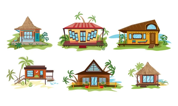 Conjunto de diferentes estilos villa na praia do oceano no paraíso. Ilustração vetorial em estilo de desenho animado plano — Vetor de Stock