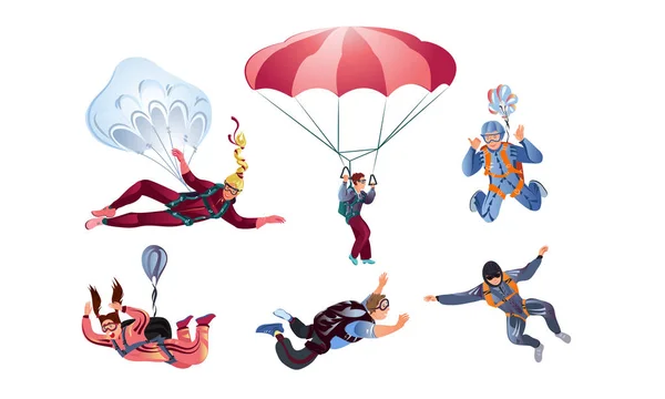 Set von verschiedenen bunten Fallschirmspringern. Vektorillustration im flachen Cartoon-Stil — Stockvektor
