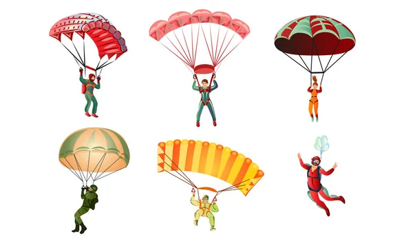 Set of different colorful skydivers. Vector illustration in flat cartoon style — Stock Vector