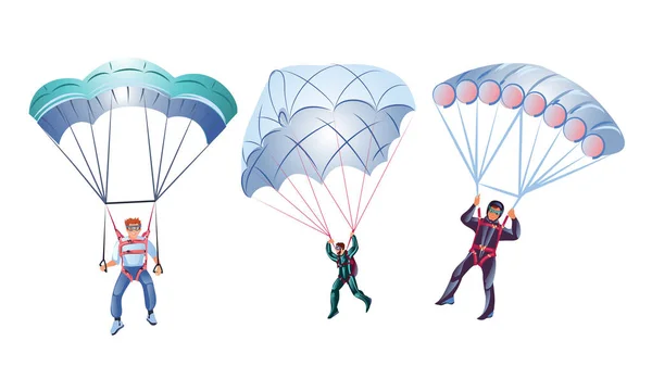 Set of three different colorful skydivers. Vector illustration in flat cartoon style — Stock Vector