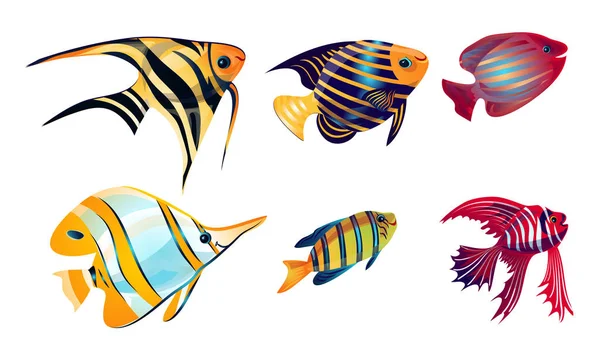 Ensemble de divers poissons de récifs coralliens colorés. Illustration vectorielle dans le style de dessin animé plat — Image vectorielle
