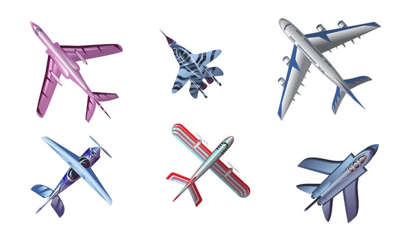 Conjunto de diferentes aviones de colores. Ilustración vectorial en estilo plano de dibujos animados — Vector de stock