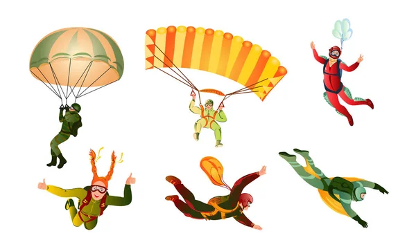 Set van verschillende kleurrijke skydivers. Vector illustratie in platte cartoon stijl — Stockvector