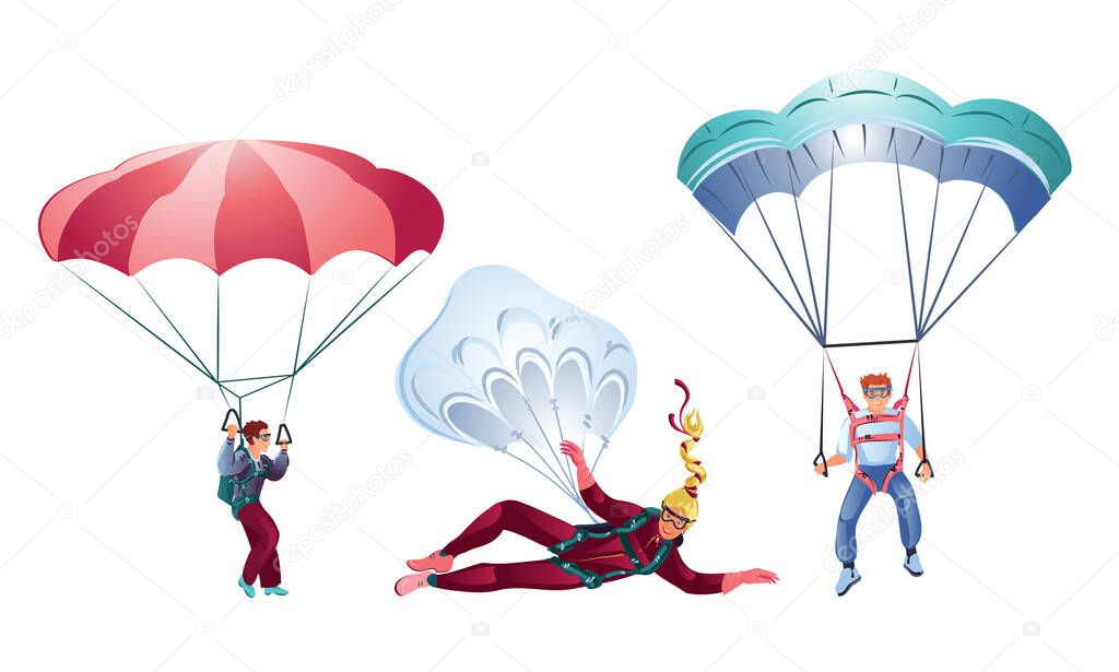 Set of three different colorful skydivers. Vector illustration in flat cartoon style