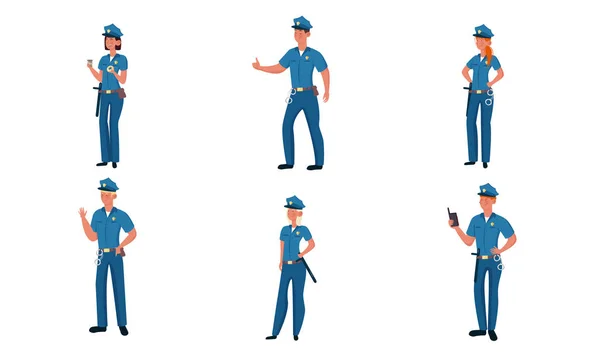 一组不同姿势的警官。平面卡通风格的矢量插图 — 图库矢量图片