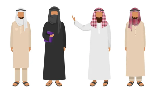 Conjunto de hombres árabes musulmanes vestidos con ropa étnica tradicional. Ilustración vectorial en estilo plano de dibujos animados . — Vector de stock