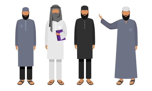 Set di uomini arabi musulmani che indossano abiti etnici tradizionali. Illustrazione vettoriale in stile fumetto piatto . — Vettoriale Stock