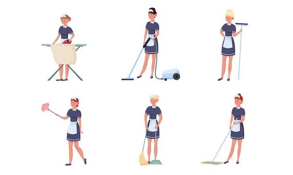 Set von Dienstmädchen posiert in verschiedenen Aktionen. Vektorillustration im flachen Cartoon-Stil. — Stockvektor