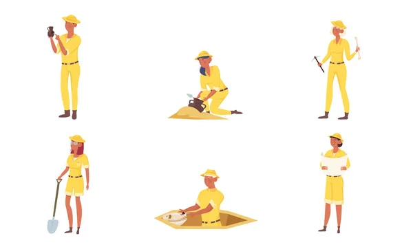 Zeichentrick-Archäologen in gelber Kleidung bei der Arbeit. Vektorillustration im flachen Cartoon-Stil. — Stockvektor