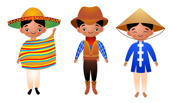 Set of different nationality men wearing traditional ethnic clothing. Vector illustration in flat cartoon style.