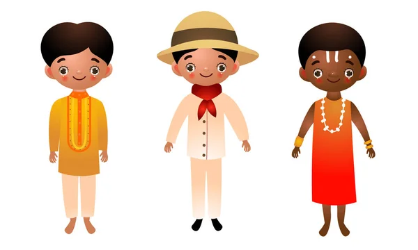 Olika nationaliteter män bär traditionella etniska kläder. Vektor illustration i platt tecknad stil. — Stock vektor