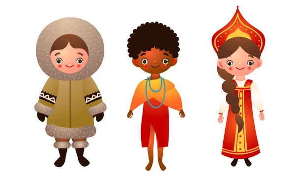 Un conjunto de mujeres de nacionalidad diferente que usan ropa étnica tradicional. Ilustración vectorial en estilo plano de dibujos animados . — Vector de stock