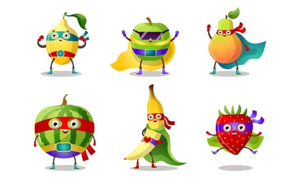 Conjunto de personagens humanizados super-heróis frutas e baga em máscaras e capas. Ilustração vetorial em estilo de desenho animado plano . —  Vetores de Stock