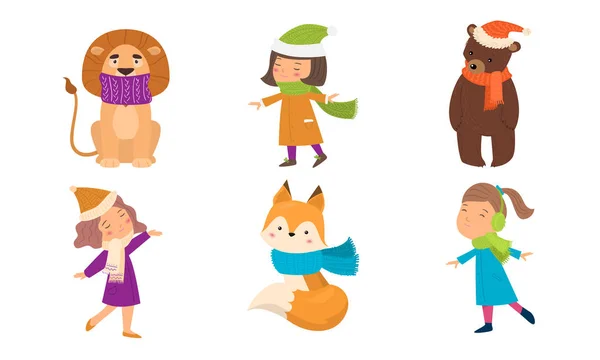 Conjunto de diferentes bufandas de colores en las niñas y los animales. Ilustración vectorial en estilo plano de dibujos animados . — Vector de stock