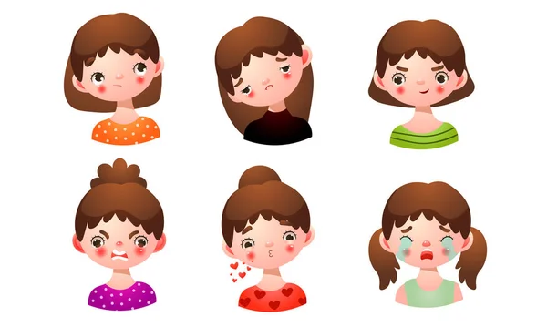 Conjunto de la chica con diferentes expresiones faciales. Ilustración vectorial en estilo plano de dibujos animados . — Vector de stock
