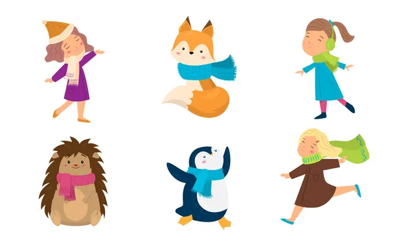 Conjunto de diferentes bufandas de colores en las niñas y los animales. Ilustración vectorial en estilo plano de dibujos animados . — Vector de stock