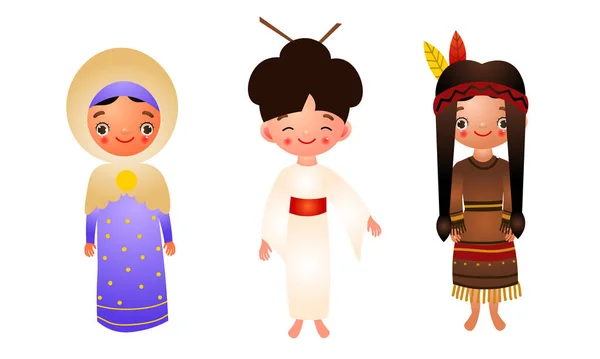 A set of different nationality women wearing traditional ethnic clothing. Vector illustration in flat cartoon style. — Stock Vector