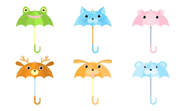 Conjunto de guarda-chuvas engraçados desenhos animados com rostos de animais. Ilustração vetorial em estilo de desenho animado plano . — Vetor de Stock
