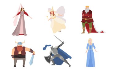Periler, Vikingler ve şövalyeler özel geleneksel kostümlü vektör illüstrasyonunda