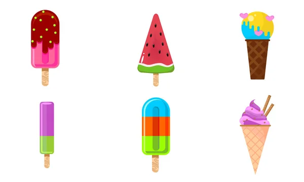 Sommer-Eis und Eis am Stiel in verschiedenen Formen Vektorillustration — Stockvektor